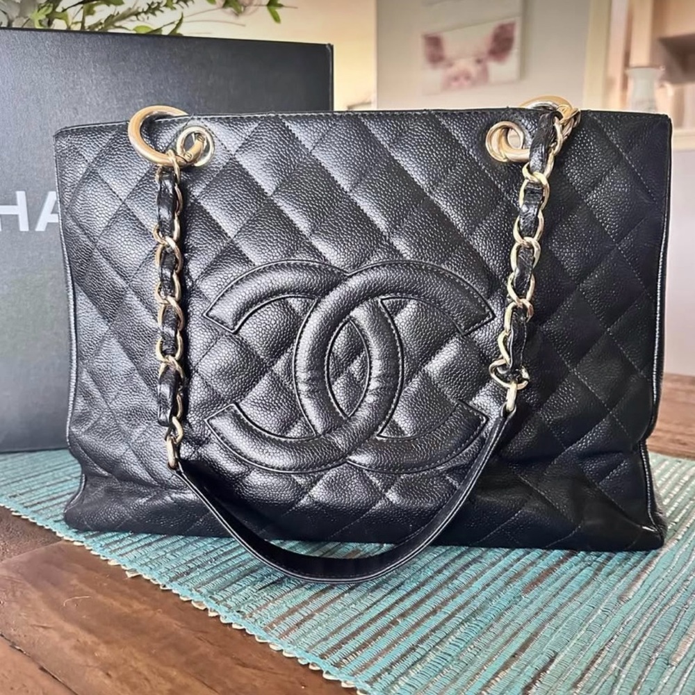 Chanel GST Grand Shopping Tote Black/Gold  Quilted Leather Tote Bag